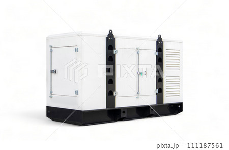 Mobile and standby industrial white auxiliary diesel generator for emergency power supply isolated on a white background. Generator backup power. For emergency use of electricity Mobile and standby industrial white auxiliary diesel generator for emergency power supply isolated on a white background. Generator backup power. For emergency use of electricity 111187561
