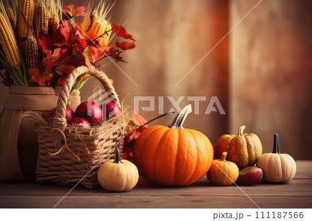 AI-generated content. Happy Thanksgiving Day background, wooden table decorated with Pumpkins, Maize, fruits and autumn leaves. Harvest festival. Selective focus. Horizontal. Background with copy 111187566