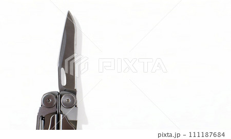 A steel multi-tool with an open knife blade lies on a white background. Pocket open folding knife. Portable multitasking multitool with many tools. EDC concept. A tool for daily practice. All in one A steel multi-tool with an open knife blade lies on a white background. Pocket open folding knife. Portable multitasking multitool with many tools. EDC concept. A tool for daily practice. All in one 111187684