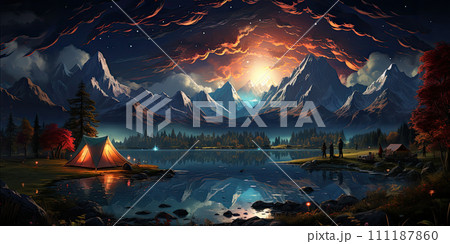 AI-generated content. Adventures Camping tourism and tent and car next to the lake. Landscape outdoor in morning 111187860