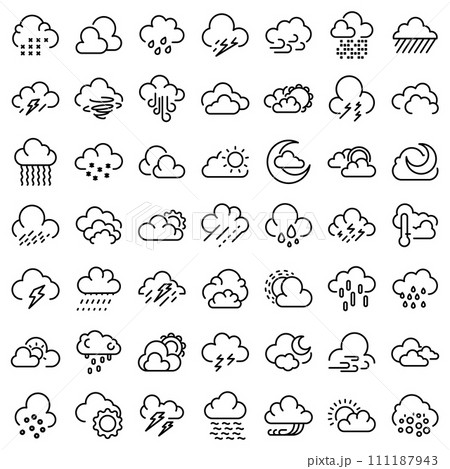 Cloudy weather icons set. Outline set of cloudy weather vector icons for web design isolated on white background 111187943