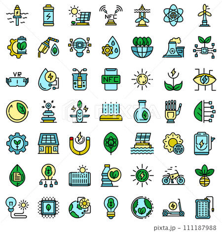 Eco innovation icons set. Outline set of eco innovation vector icons thin line color flat on white 111187988