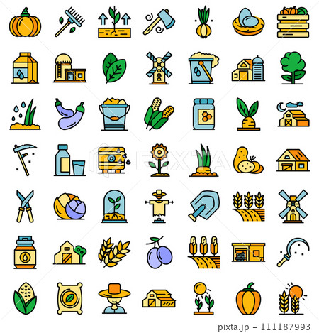 Eco farming icons set. Outline set of eco farming vector icons thin line color flat on white 111187993