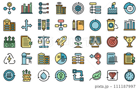 Sustainable development icons set. Outline set of sustainable development vector icons thin line color flat on white 111187997