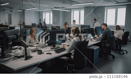 AI-generated content. Freelancers and modern officer discussing over desktop pc. Technology Team. 111188146