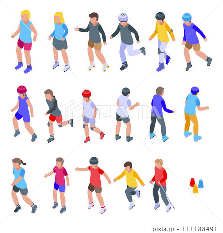 Children rollerblading icons set. Isometric set of children rollerblading vector icons for web design isolated on white background Children rollerblading icons set. Isometric set of children rollerblading vector icons for web design isolated on white background 111188491