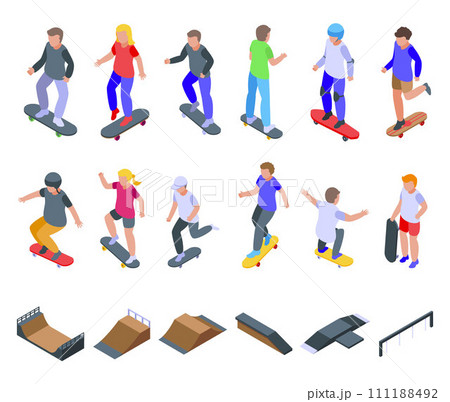 Children skateboarding icons set. Isometric set of children skateboarding vector icons for web design isolated on white background 111188492