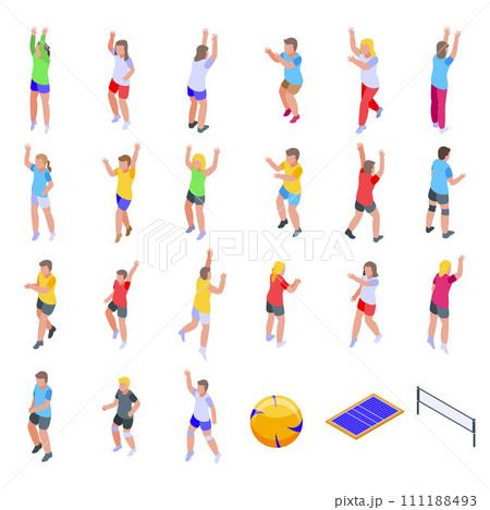 Kids playing volleyball icons set. Isometric set of kids playing volleyball vector icons for web design isolated on white background 111188493