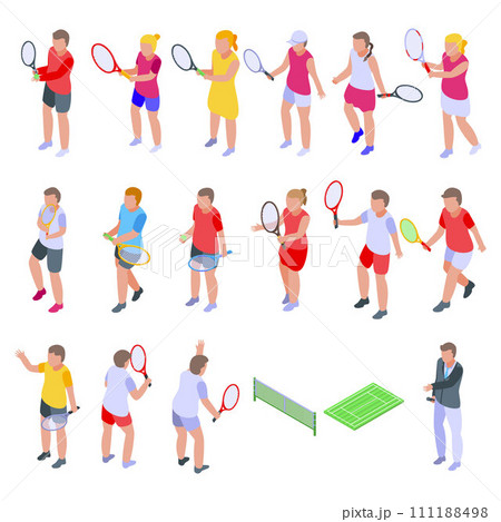 Kids playing tennis icons set. Isometric set of kids playing tennis vector icons for web design isolated on white background 111188498