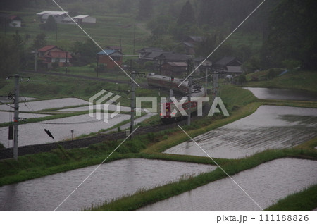 特急やくも号381系(スーパーやくも色) 伯備線 雨の上石見付近 特急やくも号381系(スーパーやくも色) 伯備線 雨の上石見付近 111188826