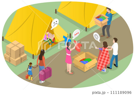 3D Isometric Flat  Conceptual Illustration of Refugee Camp 111189096