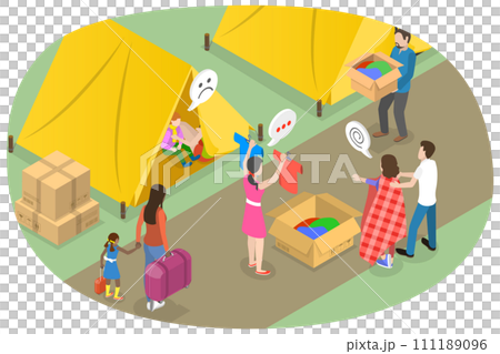 3D Isometric Flat  Conceptual Illustration of Refugee Camp 111189096