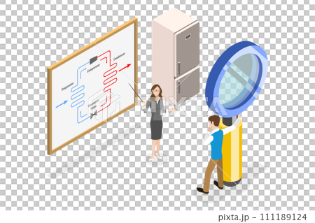 3D Isometric Flat Conceptual Illustration of Basic Refrigeration Cycle 3D Isometric Flat Conceptual Illustration of Basic Refrigeration Cycle 111189124