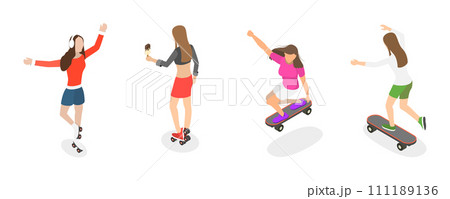 3D Isometric Flat  Set of Roller Skating Girls 111189136