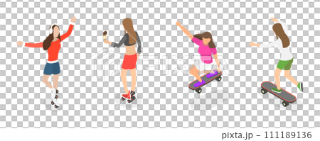 3D Isometric Flat  Set of Roller Skating Girls 111189136