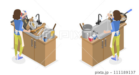 3D Isometric Flat  Conceptual Illustration of Messy vs Clean Kitchen 111189137