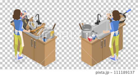 3D Isometric Flat  Conceptual Illustration of Messy vs Clean Kitchen 111189137