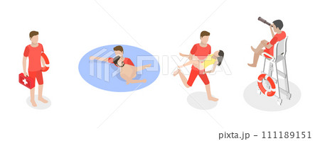 3D Isometric Flat  Conceptual Illustration of Beach Lifeguard 111189151