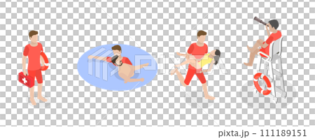 3D Isometric Flat  Conceptual Illustration of Beach Lifeguard 111189151