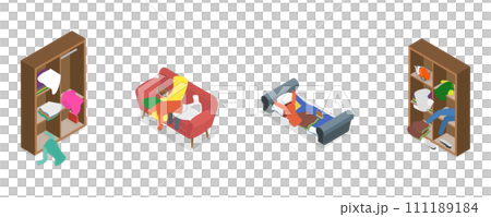 3D Isometric Flat Set of Scattered and Messy Clothes 3D Isometric Flat Set of Scattered and Messy Clothes 111189184