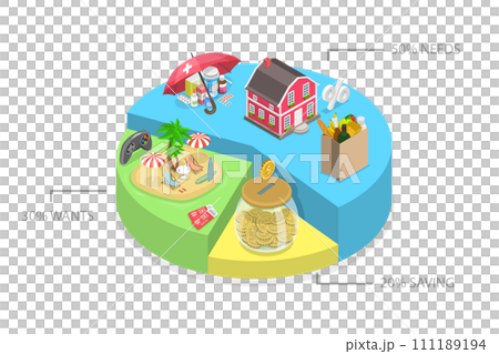 3D Isometric Flat Conceptual Illustration of Monthly 50-30-20 Budget 3D Isometric Flat Conceptual Illustration of Monthly 50-30-20 Budget 111189194