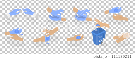 3D Isometric Flat  Conceptual Illustration of How To Remove Disposable Gloves 111189211