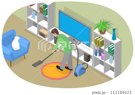 3D Isometric Flat  Conceptual Illustration of Husband Doing Domestic Work 111189223
