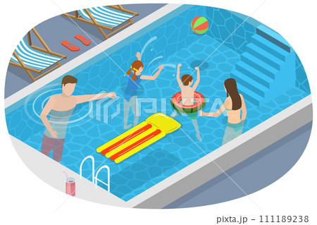 3D Isometric Flat  Conceptual Illustration of Family Pool Time 111189238