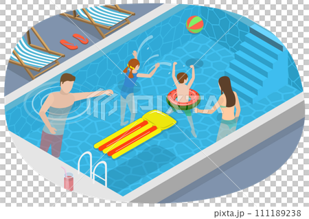 3D Isometric Flat Conceptual Illustration of Family Pool Time 3D Isometric Flat Conceptual Illustration of Family Pool Time 111189238