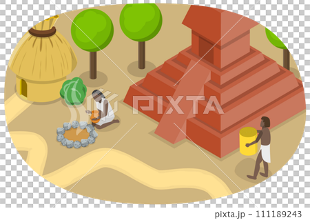 3D Isometric Flat  Conceptual Illustration of Aztec Village 111189243