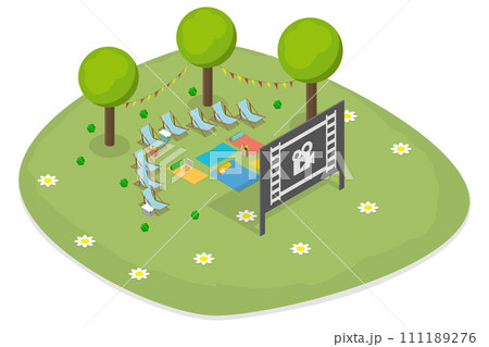 3D Isometric Flat  Conceptual Illustration of Outdoor Cinema 111189276