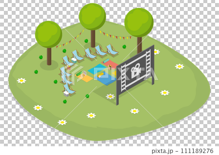 3D Isometric Flat  Conceptual Illustration of Outdoor Cinema 111189276