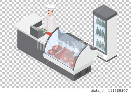 3D Isometric Flat  Conceptual Illustration of Butcher Shop 111189307