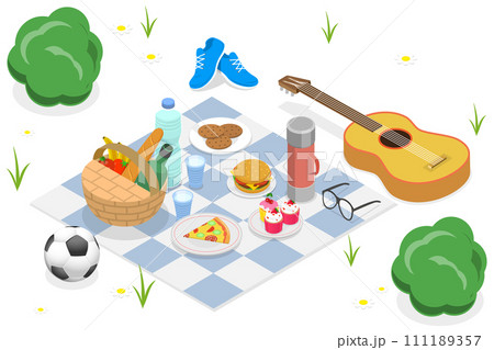 3D Isometric Flat  Conceptual Illustration of Summer Picnic 111189357