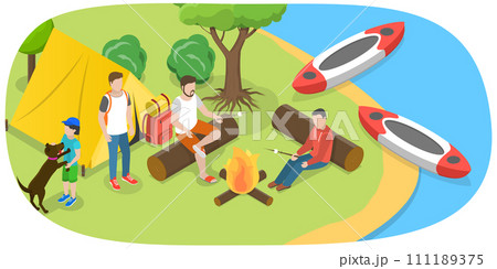 3D Isometric Flat  Conceptual Illustration of Camping and Rafting 111189375