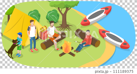 3D Isometric Flat  Conceptual Illustration of Camping and Rafting 111189375