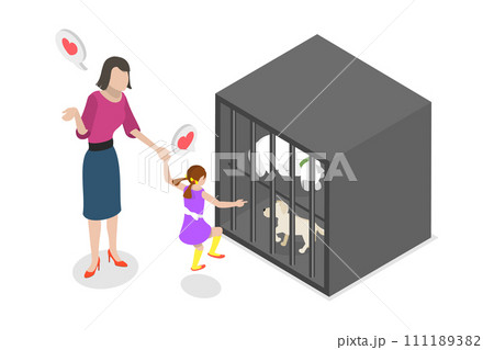 3D Isometric Flat  Conceptual Illustration of Rescued Stray Pets. 111189382