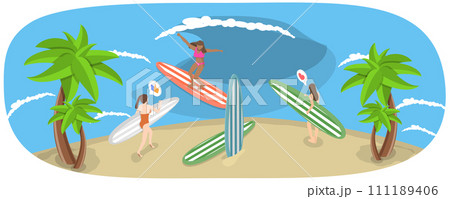 3D Isometric Flat  Conceptual Illustration of Surfer Girls 111189406