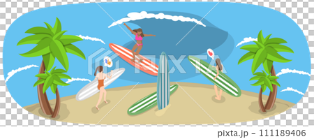 3D Isometric Flat  Conceptual Illustration of Surfer Girls 111189406