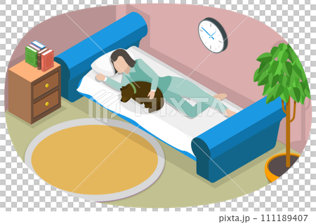 3D Isometric Flat  Conceptual Illustration of Bedding With Dog 111189407