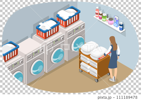 3D Isometric Flat  Conceptual Illustration of Hotel Laundry Staff 111189478
