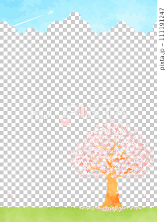 Landscape illustration of blue sky, cherry tree and meadow 111191247