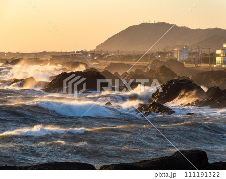 強風荒波の野島崎から望むダイナミックな太平洋の夕景 強風荒波の野島崎から望むダイナミックな太平洋の夕景 111191322