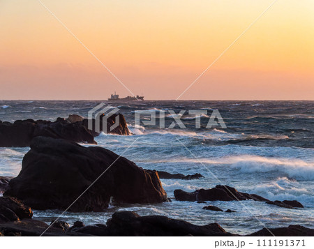 強風荒波の野島崎から望むダイナミックな太平洋の夕景 111191371