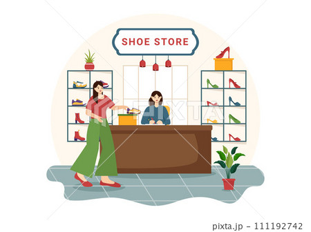 Shoe Store Vector Illustration with New Collection Men or Women Various Models or Colors of Sneakers and High Heels in Flat Cartoon Background Shoe Store Vector Illustration with New Collection Men or Women Various Models or Colors of Sneakers and High Heels in Flat Cartoon Background 111192742