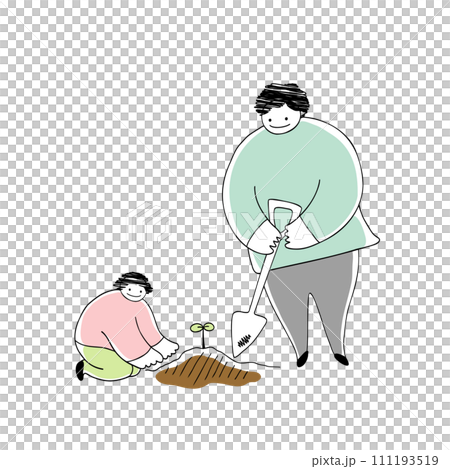 父母和孩子種植幼苗的線條畫插圖 111193519