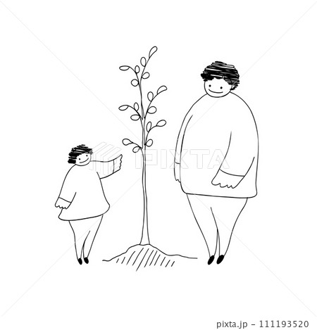 育った木を見て喜ぶ親子の線画イラスト　白黒 111193520