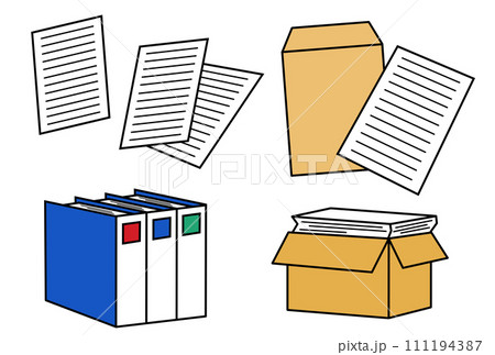 封筒と書類とファイル、ダンボールに入った書類のアイコンイラスト 111194387