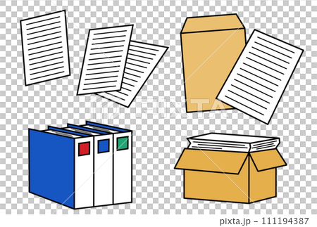 封筒と書類とファイル、ダンボールに入った書類のアイコンイラスト 111194387