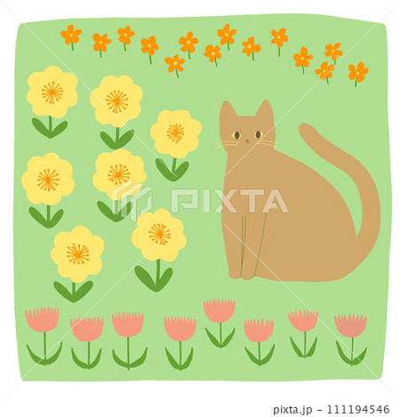 カラフルなお花畑にいる猫のイラスト素材 111194546